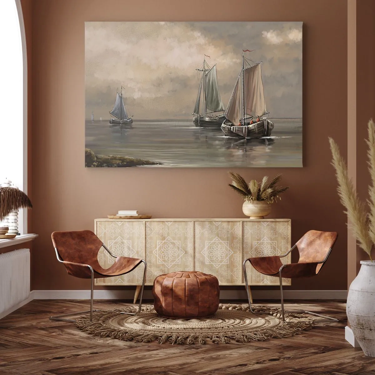 Impression sur toile - Image sur toile - Voiliers sur une mer calme dans un décor pastel - 120x80cm - Le retour des marins - Décoration murale moderne pour le salon et la chambre ARTTOR
