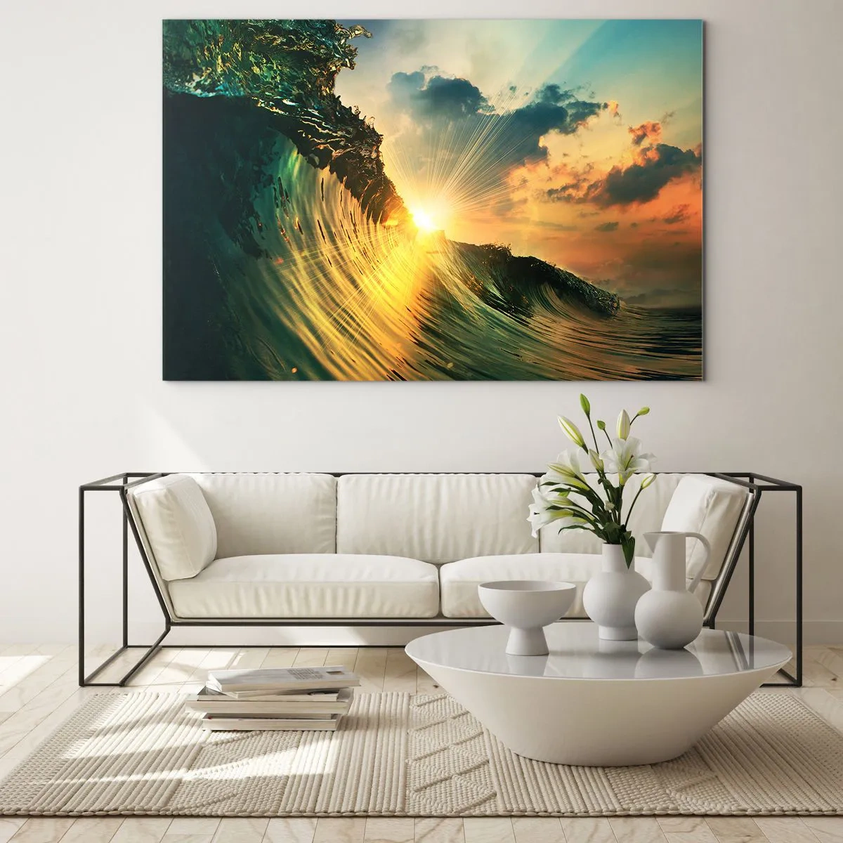 Impression sur verre - Image sur verre - Le soleil couchant illuminant les vagues de l'océan - 100x70cm - Surfeur, où es-tu ? - Décoration murale moderne pour le salon et la chambre ARTTOR