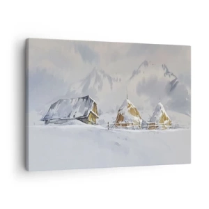 Impression sur toile - Image sur toile - Paysage d'hiver avec un chalet et des meules de foin dans les montagnes - 70x50cm - Dans une vallée enneigée - Décoration murale moderne pour le salon et la chambre ARTTOR