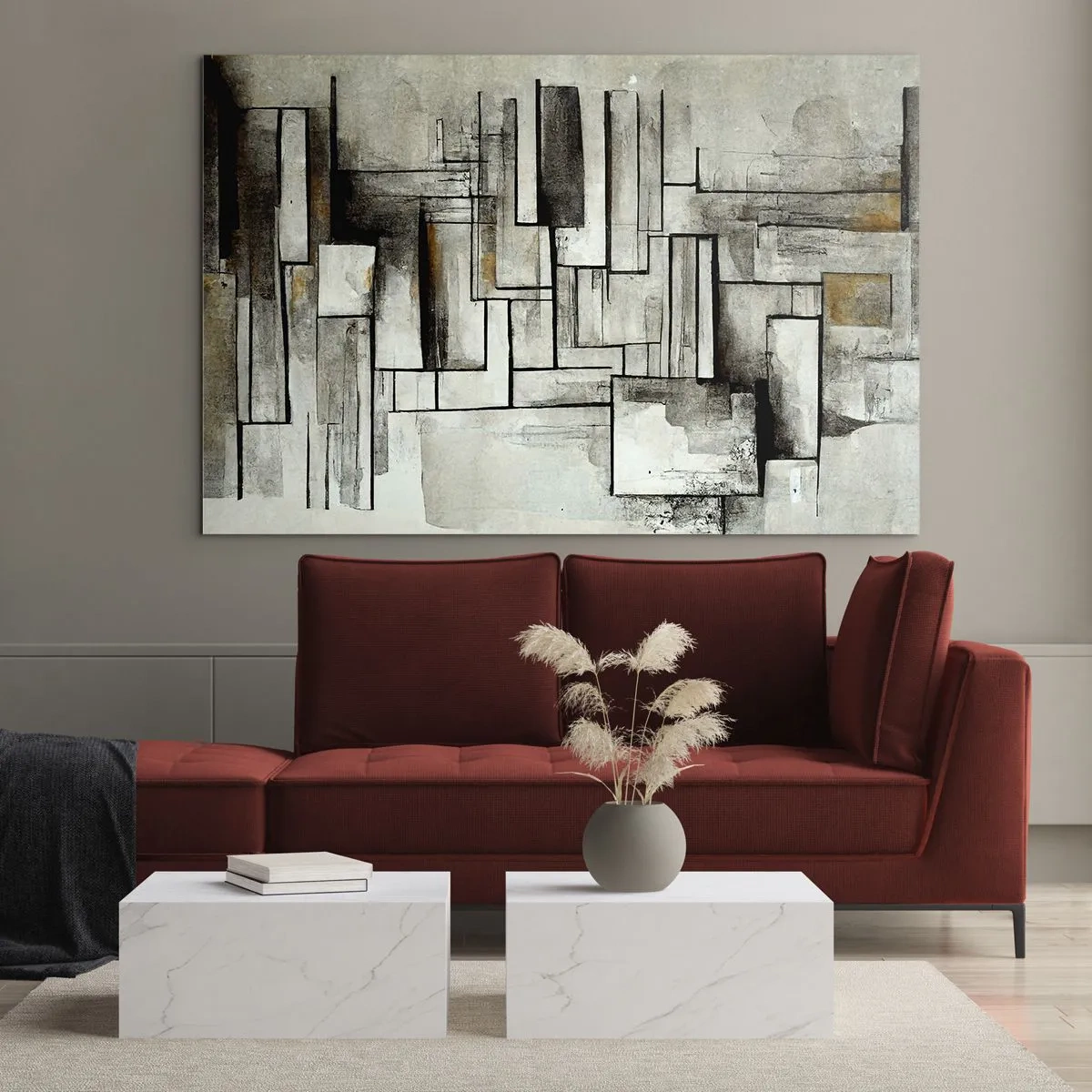 Impression sur verre - Image sur verre - Composition géométrique de rectangles dans des tons gris tamisés - 120x80cm - Le pouvoir de la simplicité - Décoration murale moderne pour le salon et la chambre ARTTOR