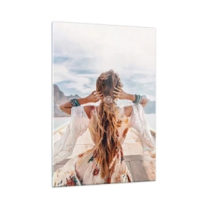 Impression sur verre - Image sur verre - Une femme sur un bateau regardant vers les montagnes et le lac. - 50x70cm - En route vers le bonheur - Décoration murale moderne pour le salon et la chambre ARTTOR