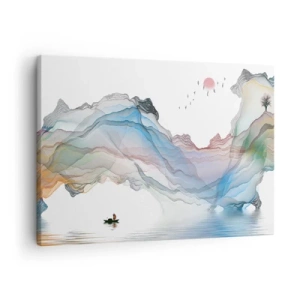 Impression sur toile - Image sur toile - Un paysage subtil avec des montagnes, de l'eau et un bateau - 70x50cm - Vers les montagnes de cristal - Décoration murale moderne pour le salon et la chambre ARTTOR