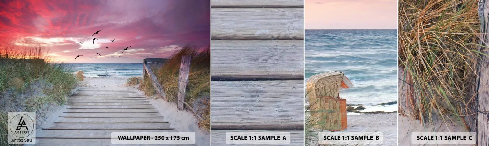 Échantillon de Papier Peint Autocollant Deluxe Sticker - Impression de la Baltique - Paysage marin, Plage, Des oiseaux - 100x30 cm