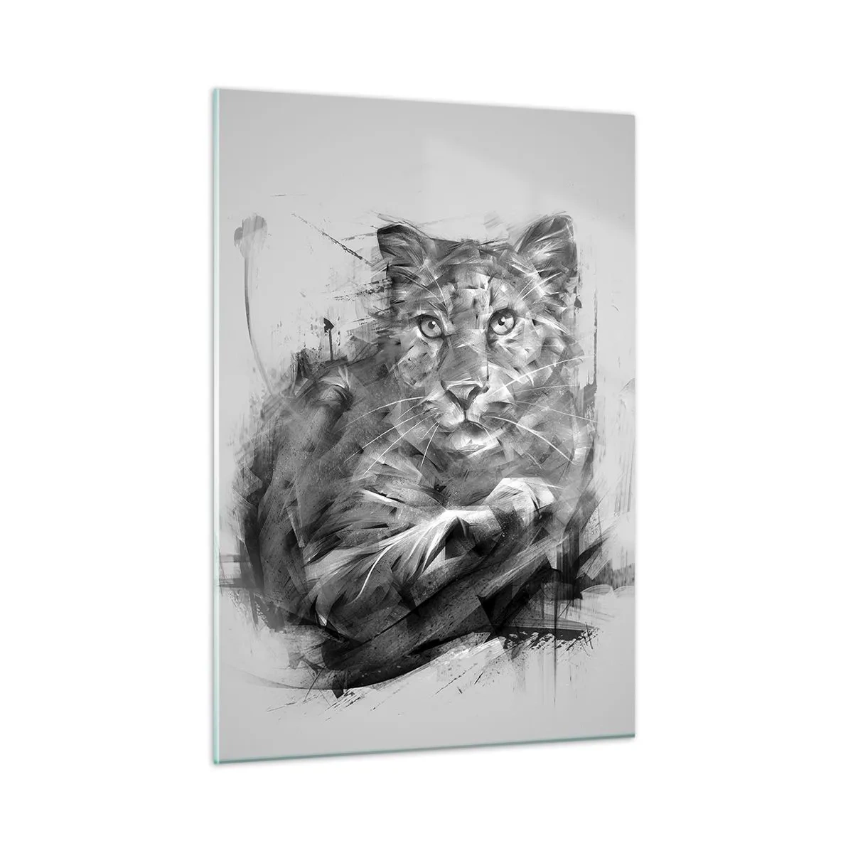 Impression sur verre - Image sur verre - Un dessin d'un tigre dans un style monochrome sur un fond clair - 50x70cm - Oui, j'écoute attentivement - Décoration murale moderne pour le salon et la chambre ARTTOR
