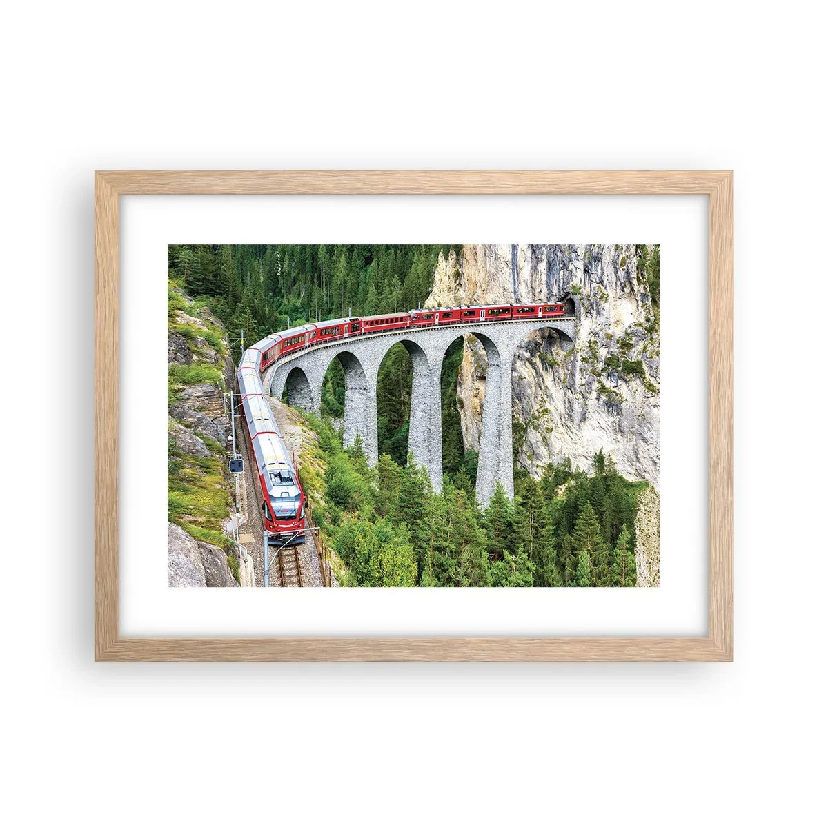 Affiche dans un chêne clair - Poster - Chemin de fer avec vue sur la montagne - 40x30 cm
