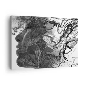 Impression sur toile - Image sur toile - Visage abstrait en noir et blanc avec des lignes dynamiques. - 70x50cm - Emmêlé dans les rêves - Décoration murale moderne pour le salon et la chambre ARTTOR