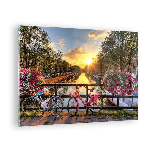 Impression sur verre - Image sur verre - Coucher de soleil sur le canal avec des vélos en arrière-plan - 70x50cm - Matin de printemps à Amsterdam - Décoration murale moderne pour le salon et la chambre ARTTOR
