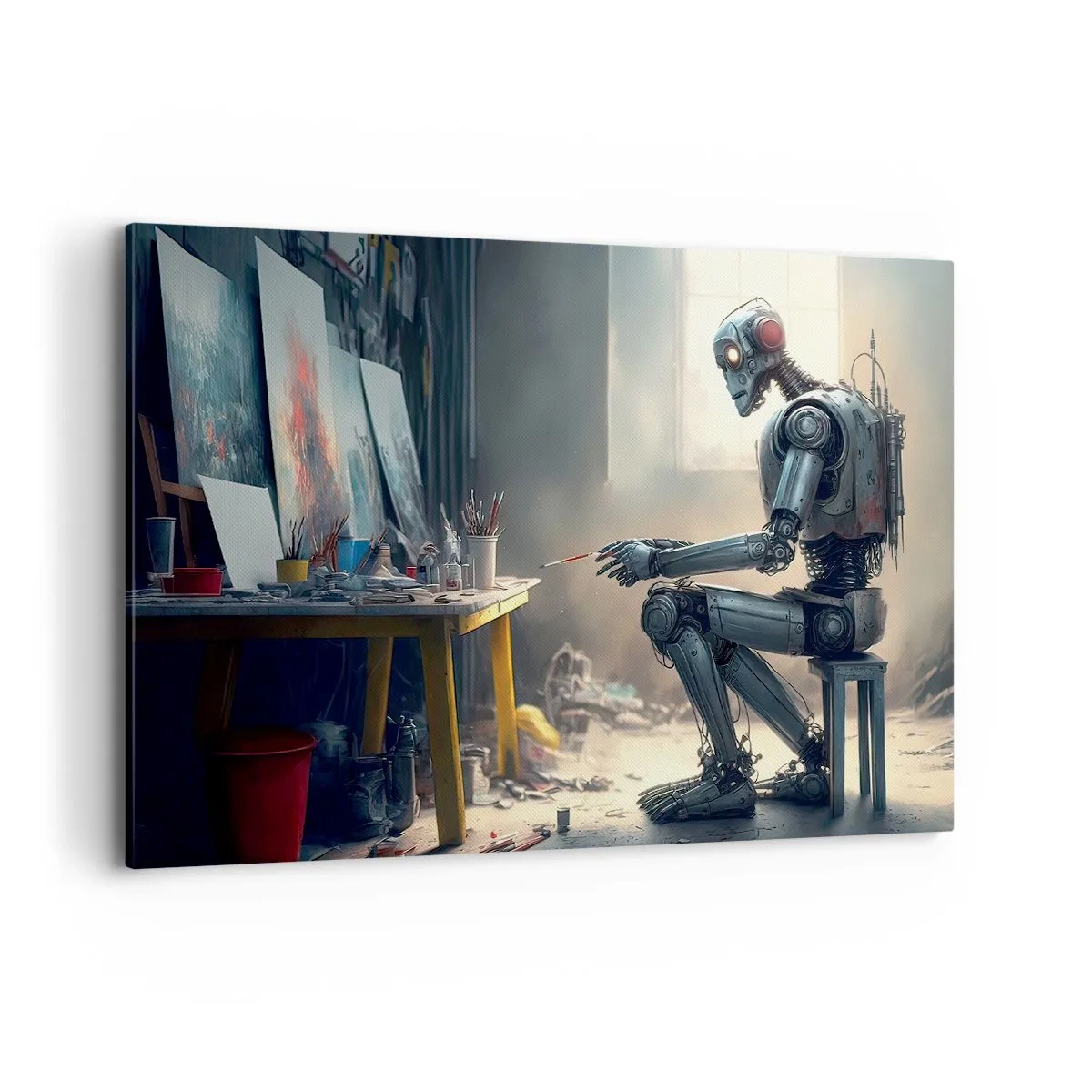 Impression sur toile - Image sur toile - Un robot peignant un tableau dans un atelier d'art - 120x80cm - L'acte de création - Décoration murale moderne pour le salon et la chambre ARTTOR