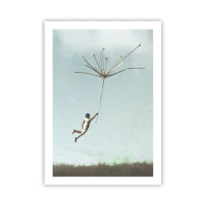 Affiche - Poster - Une silhouette flottant sur une tige de pissenlit contre le ciel - 50x70cm - Cerfs-volants, pissenlits, vent - Décoration murale moderne pour le salon et la chambre ARTTOR