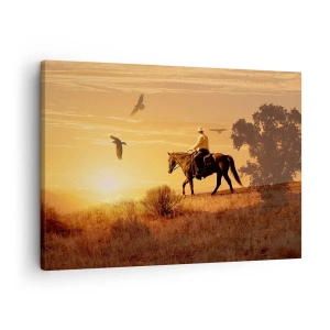 Impression sur toile - Image sur toile - Un cavalier sur un cheval au coucher du soleil contre la prairie - 70x50cm - Seul à travers la prairie - Décoration murale moderne pour le salon et la chambre ARTTOR