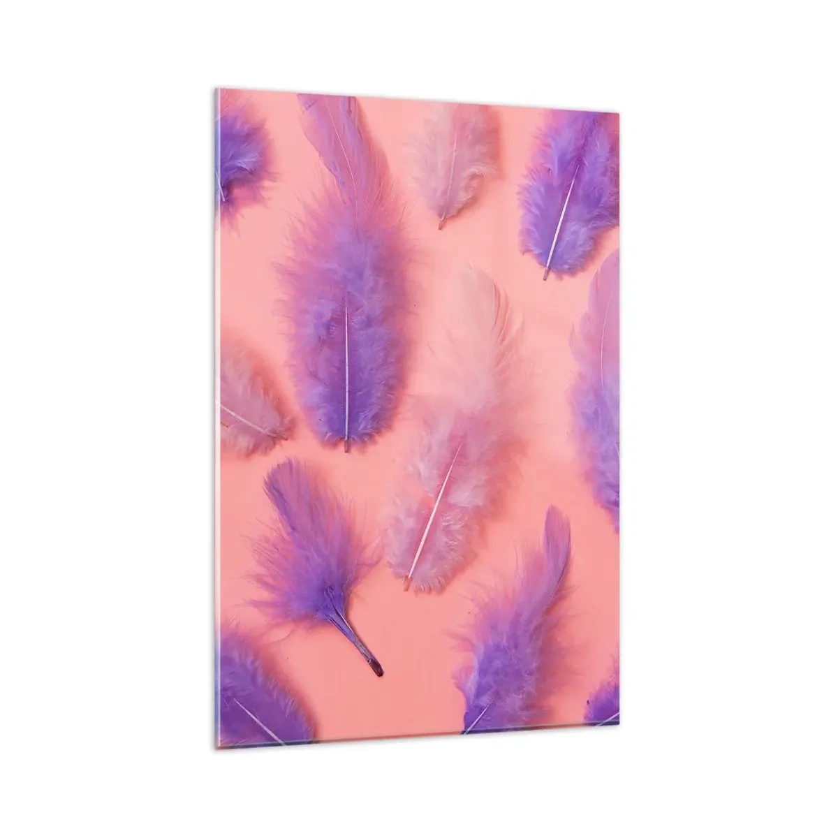 Impression sur verre - Image sur verre - Plumes violettes et roses sur fond pastel - 80x120cm - Oiseau de désir lilas - Décoration murale moderne pour le salon et la chambre ARTTOR