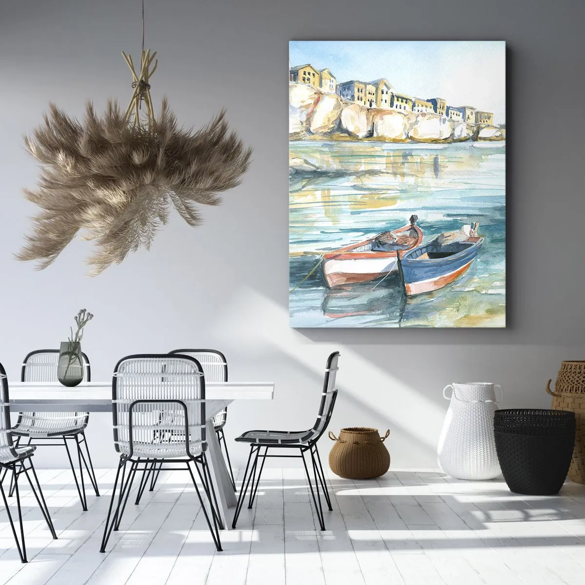 Impression sur toile - Image sur toile - Un paysage balnéaire pittoresque avec des bateaux sur l'eau - 50x70cm - Paysage dans l'azur - Décoration murale moderne pour le salon et la chambre ARTTOR