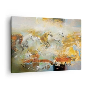 Impression sur toile - Image sur toile - Des chevaux artistiques dans un cadre dynamique et coloré - 70x50cm - Au galop vers la lumière - Décoration murale moderne pour le salon et la chambre ARTTOR