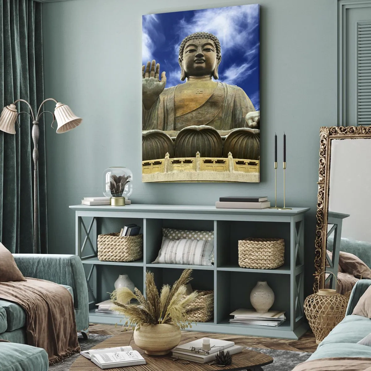 Impression sur toile - Image sur toile - Une statue monumentale de Bouddha contre un ciel bleu avec des nuages - 50x70cm - Vivre sans peur - Décoration murale moderne pour le salon et la chambre ARTTOR