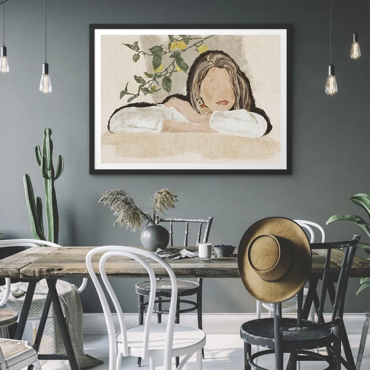 Affiche dans un cadre noir - Poster - La figure d'une femme sur fond de citronnier - 100x70cm - La beauté du sud - Décoration murale moderne pour le salon et la chambre ARTTOR