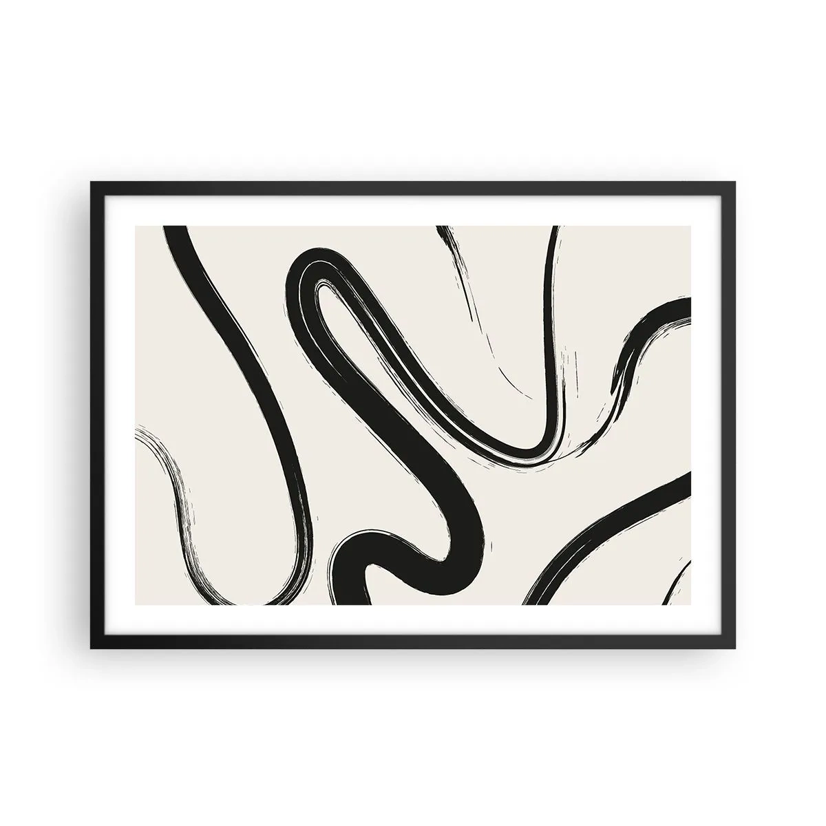 Affiche dans un cadre noir - Poster - Lignes courbes noires et blanches sur fond clair - 70x50cm - Fantaisie en noir et blanc - Décoration murale moderne pour le salon et la chambre ARTTOR
