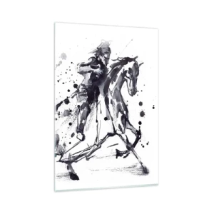 Impression sur verre - Image sur verre - Aquarelle noir et blanc d'un cavalier sur un cheval au galop - 80x120cm - Chevalier noir - Décoration murale moderne pour le salon et la chambre ARTTOR