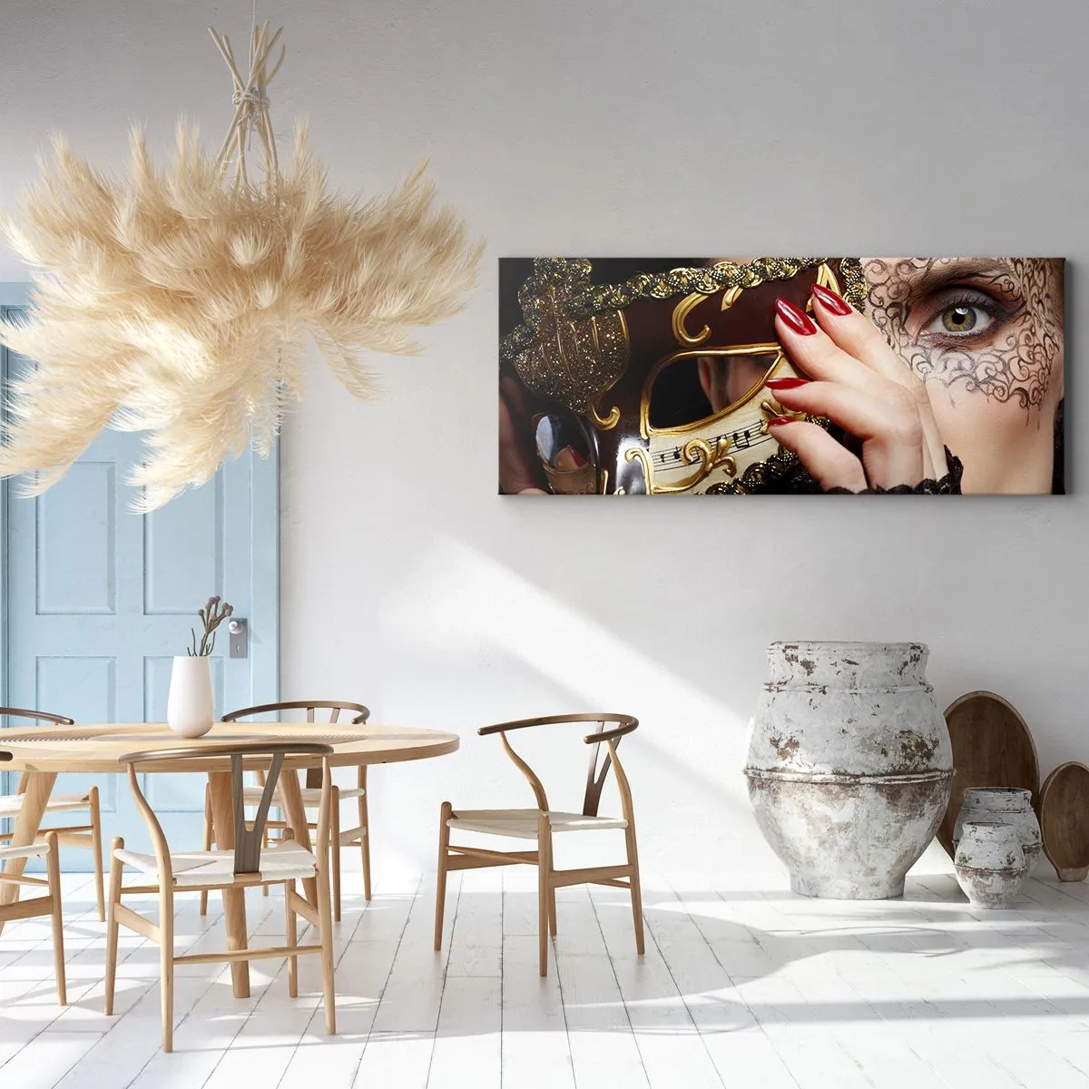 Impression sur toile - Image sur toile - Une femme portant un masque vénitien décoré d'or et de dentelle. - 160x50cm - Mon monde est baroque - Décoration murale moderne pour le salon et la chambre ARTTOR