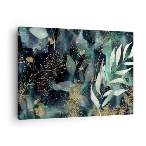 Impression sur toile - Image sur toile - Feuilles élégantes sur un fond sombre avec des accents dorés - 70x50cm - Jardin magique - Décoration murale moderne pour le salon et la chambre ARTTOR