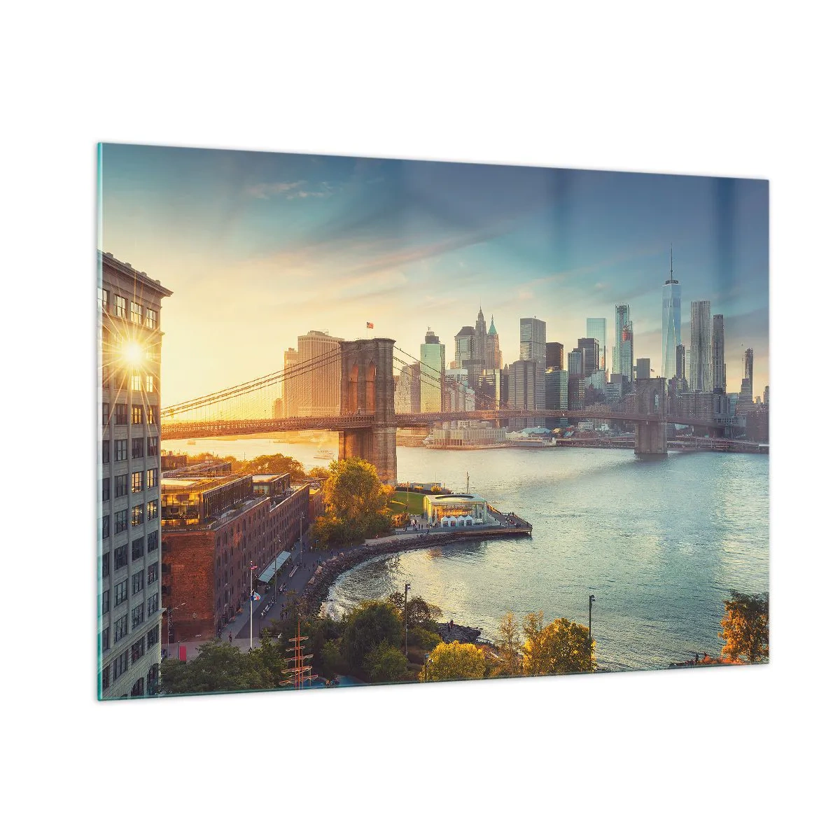 Impression sur verre - Image sur verre - Panorama de New York avec le pont de Brooklyn - 100x70cm - L'aube de la grande ville - Décoration murale moderne pour le salon et la chambre ARTTOR