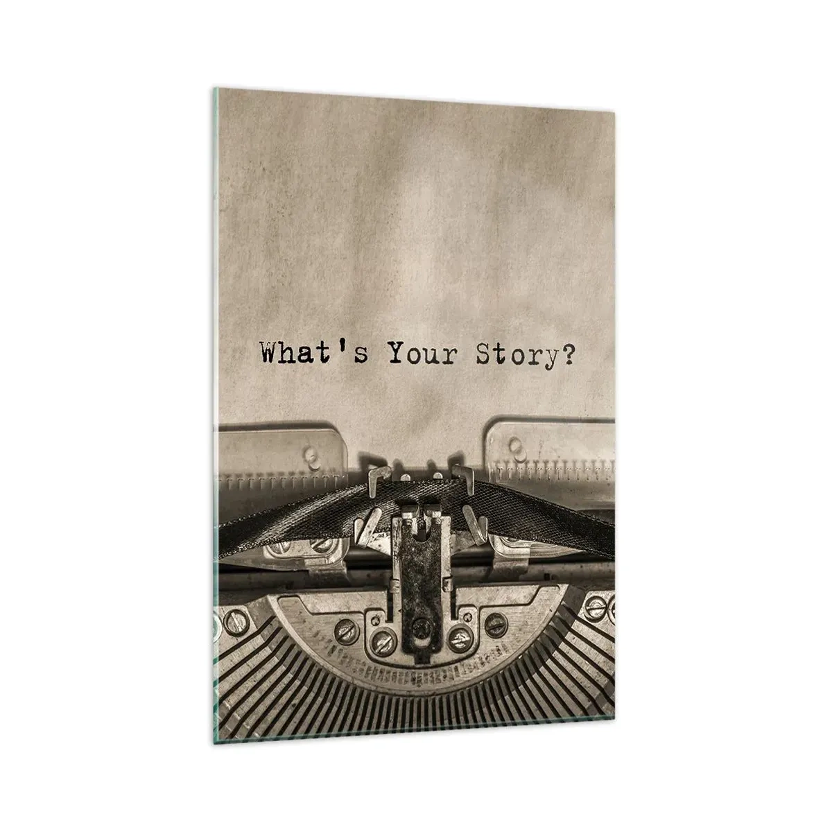 Impression sur verre - Image sur verre - Une machine à écrire avec les mots « Quelle est votre histoire ? » - 80x120cm - Réponds-moi - Décoration murale moderne pour le salon et la chambre ARTTOR