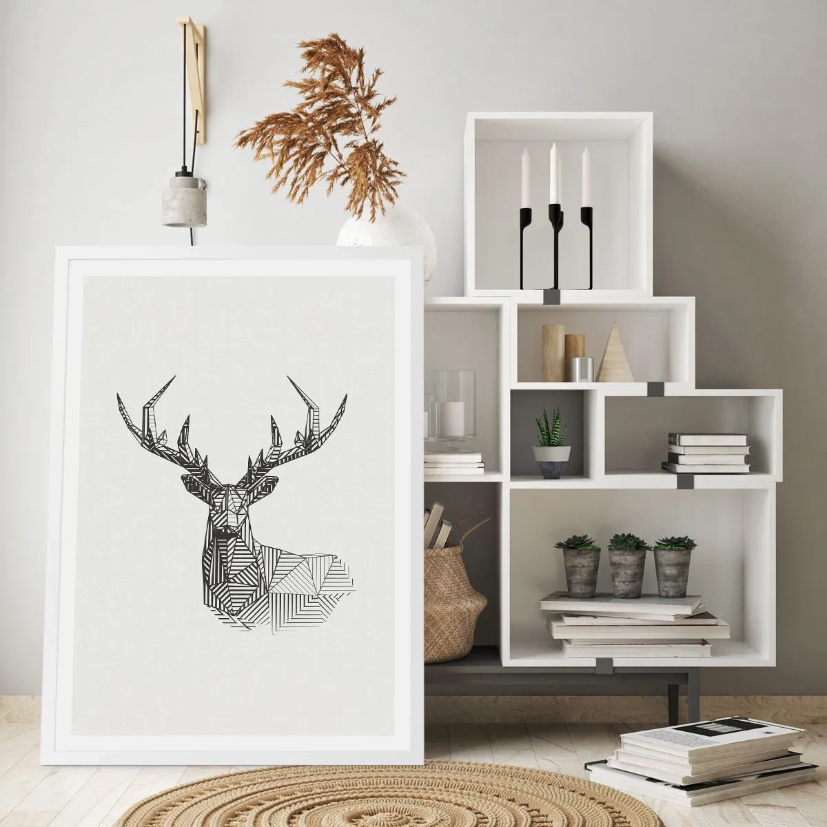 Affiche dans un cadre blanc - Poster - Cerf dans un style cubique - 70x100 cm