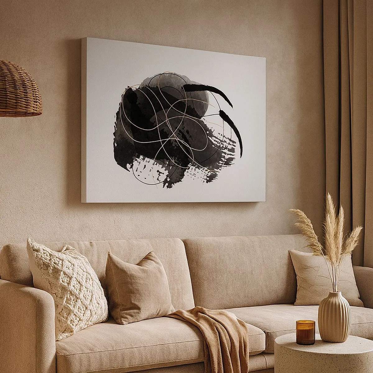 Impression sur toile - Image sur toile - Abstraction en noir et or sur fond blanc - 70x50cm - Fait de noir - Décoration murale moderne pour le salon et la chambre ARTTOR