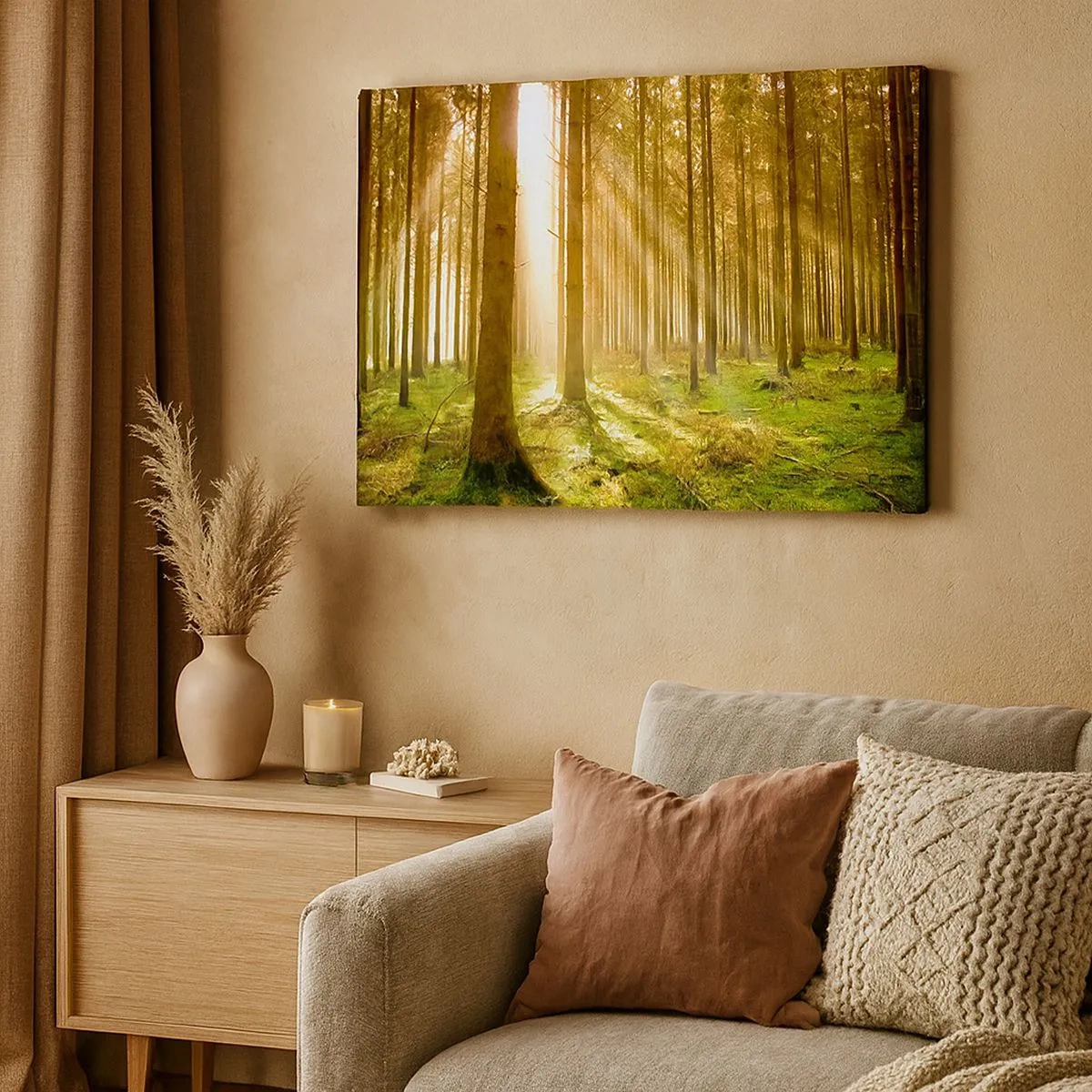 Impression sur toile - Image sur toile - Forêt de conifères avec les rayons du soleil qui brillent à travers les arbres - 70x50cm - Les elfes vont bientôt apparaître - Décoration murale moderne pour le salon et la chambre ARTTOR