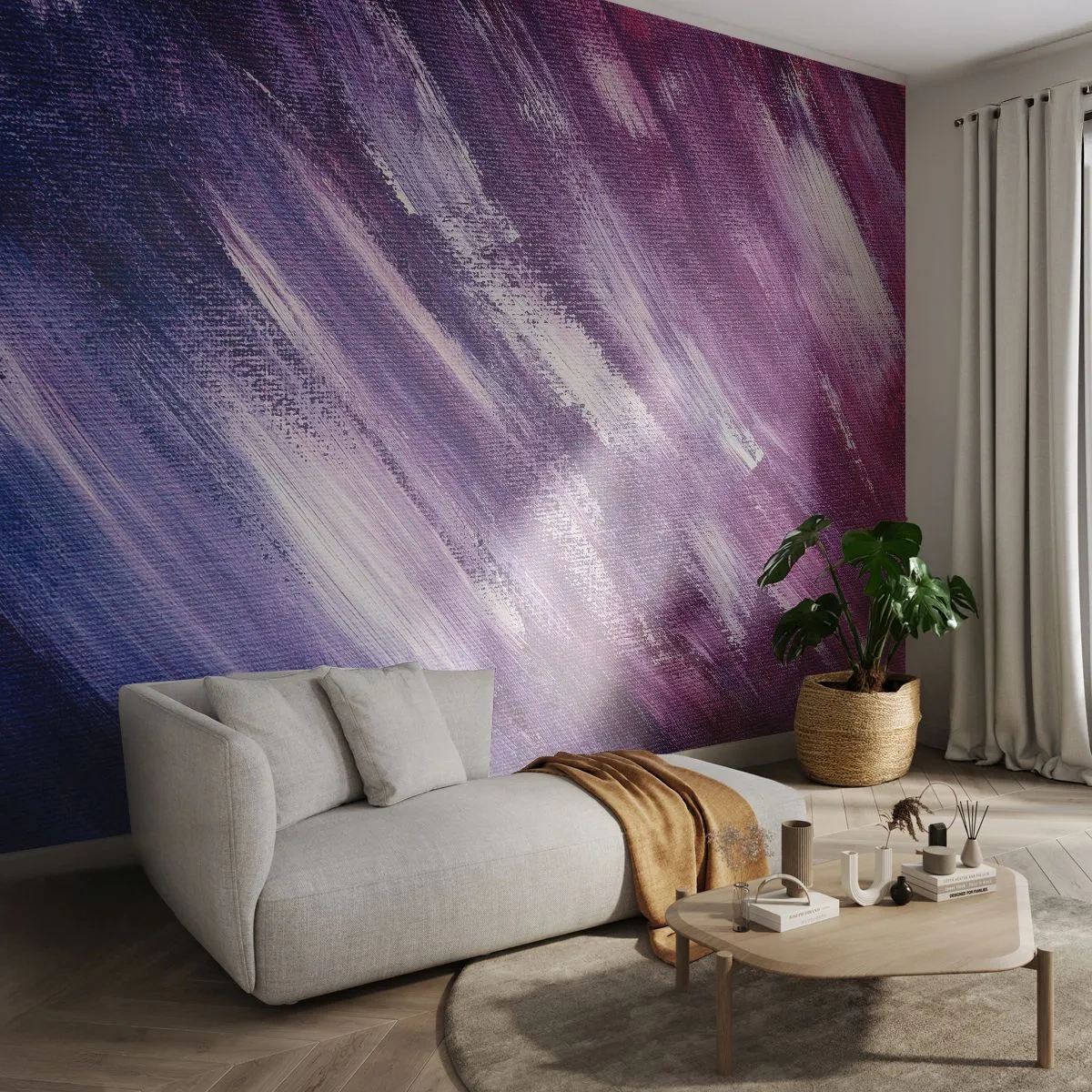 Papier Peint Photo Premium Sand - Coups de pinceau abstraits dans des tons violets - 100x70cm - Quand le vent ensoleillé souffle - Décoration murale moderne pour le salon et la chambre ARTTOR