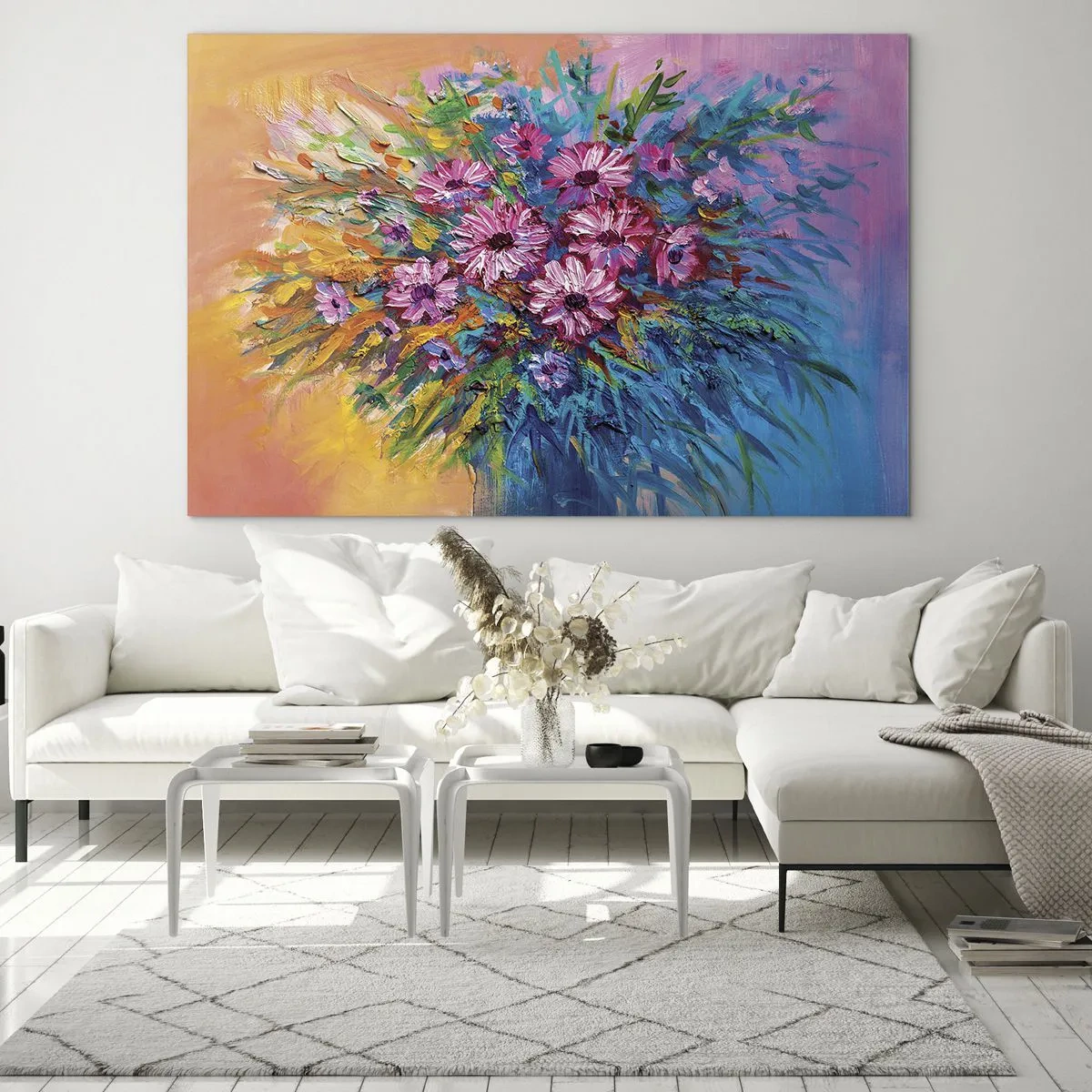 Impression sur verre - Image sur verre - Un bouquet de fleurs roses dans une composition artistique et colorée - 100x70cm - Énergie de la vie - Décoration murale moderne pour le salon et la chambre ARTTOR