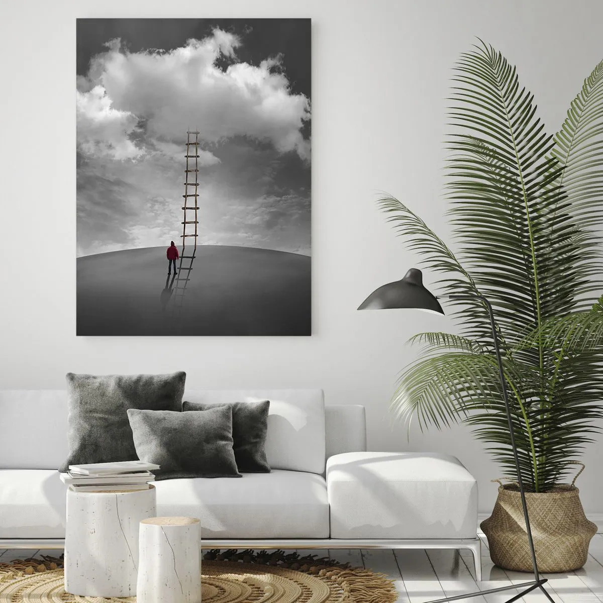 Impression sur verre - Image sur verre - Une personne portant un manteau rouge et une échelle menant à un nuage - 80x120cm - Tout est possible - Décoration murale moderne pour le salon et la chambre ARTTOR