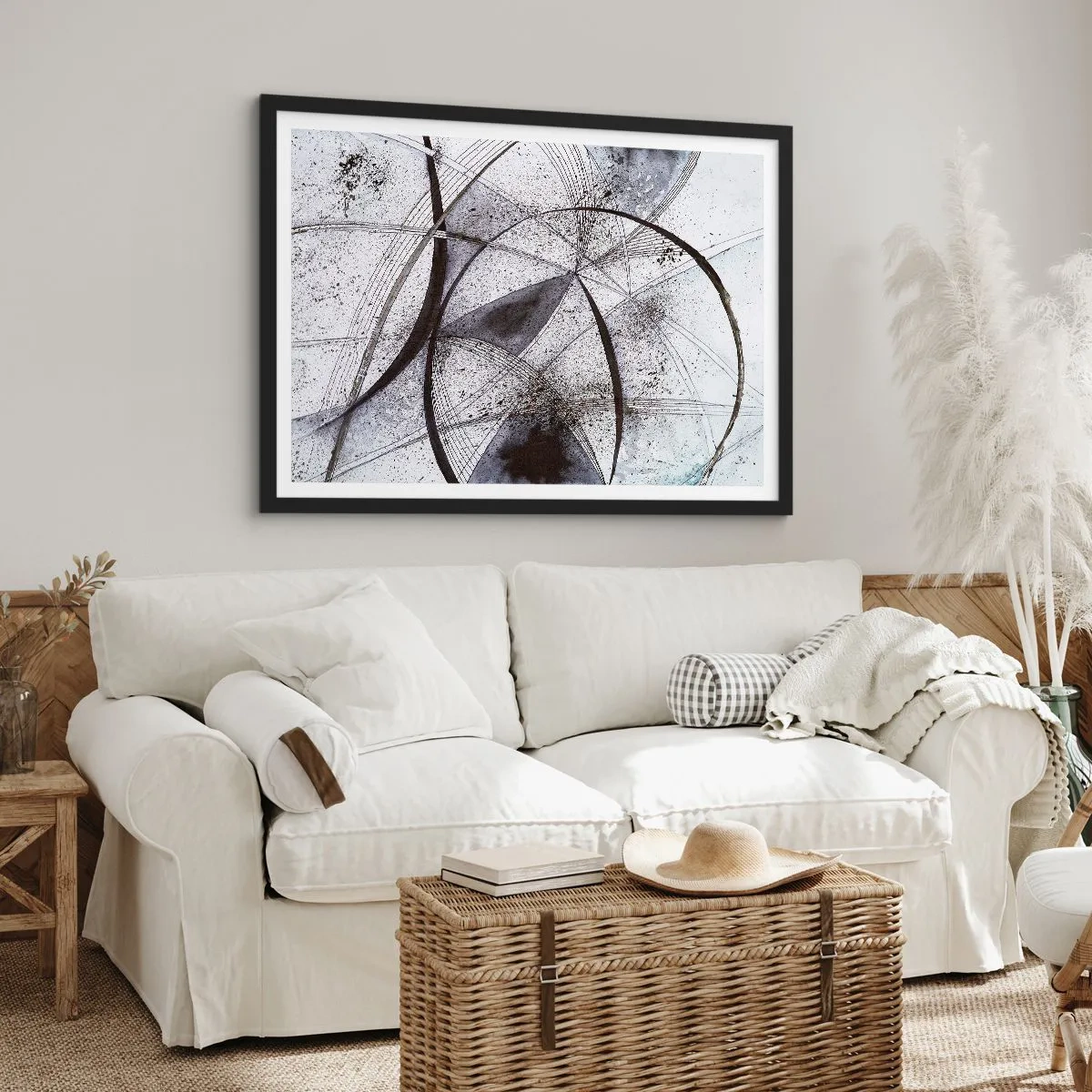 Affiche dans un cadre noir - Poster - Lignes et formes abstraites dans des tons de gris et de noir - 70x50cm - Fantaisie futuriste - Décoration murale moderne pour le salon et la chambre ARTTOR