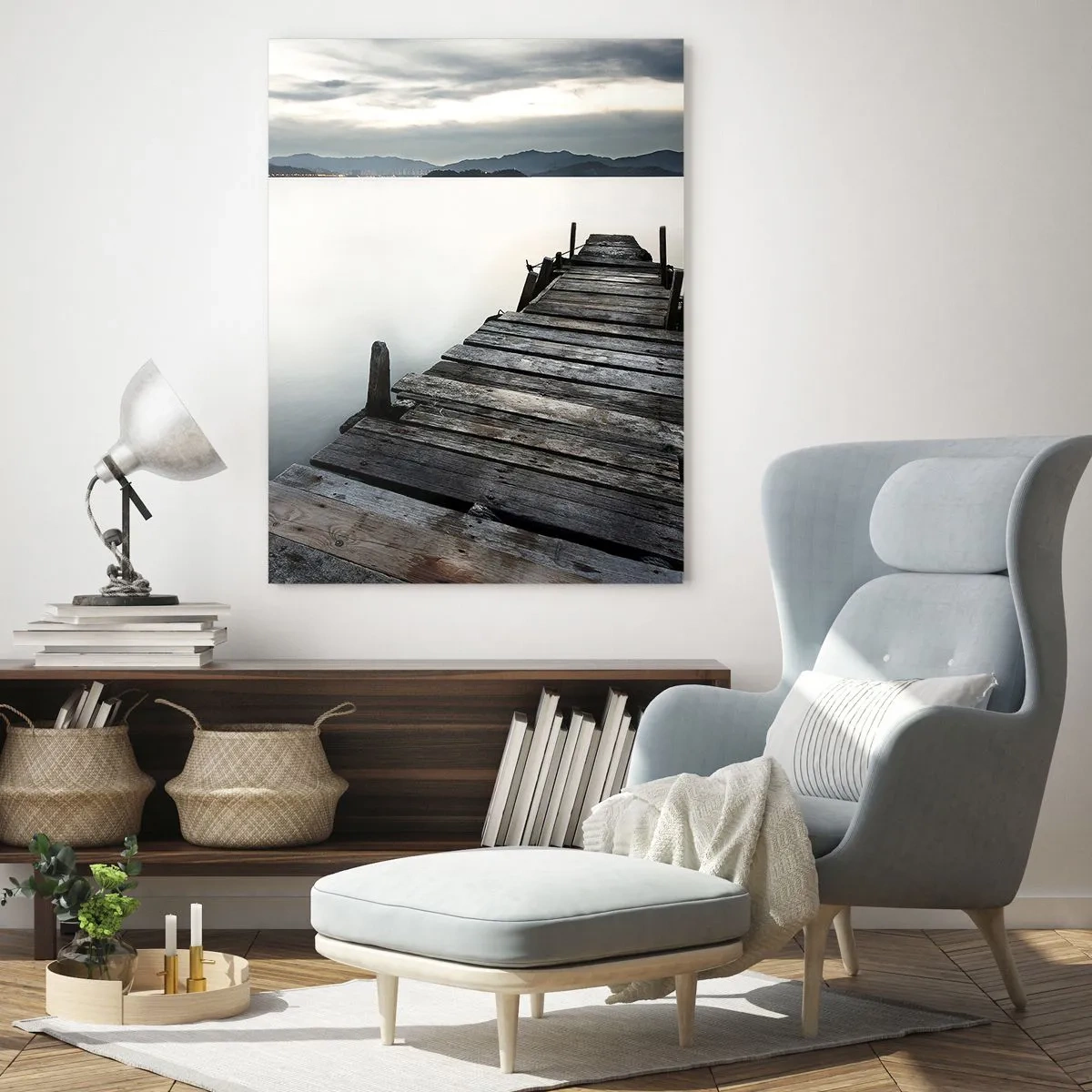 Impression sur verre - Image sur verre - Un pont en bois menant vers un lac tranquille - 70x100cm - Immergez-vous dans la paix - Décoration murale moderne pour le salon et la chambre ARTTOR
