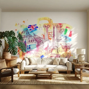 Papier Peint Photo Standard Eco - Symboles européens dans une composition à l'aquarelle - 100x70cm - Tournée européenne - Décoration murale moderne pour le salon et la chambre ARTTOR