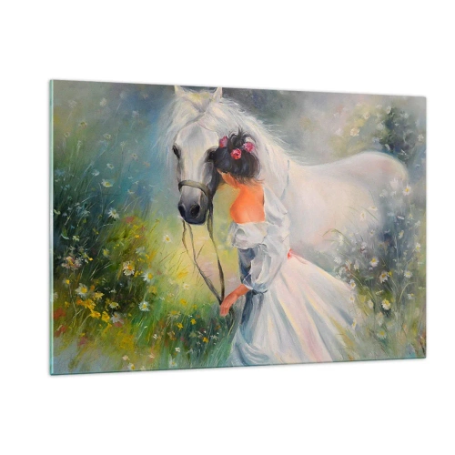 Impression sur verre - Image sur verre - Une femme en robe blanche avec un cheval blanc dans un pré plein de fleurs. - 120x80cm - Comme dans un beau rêve - Décoration murale moderne pour le salon et la chambre ARTTOR