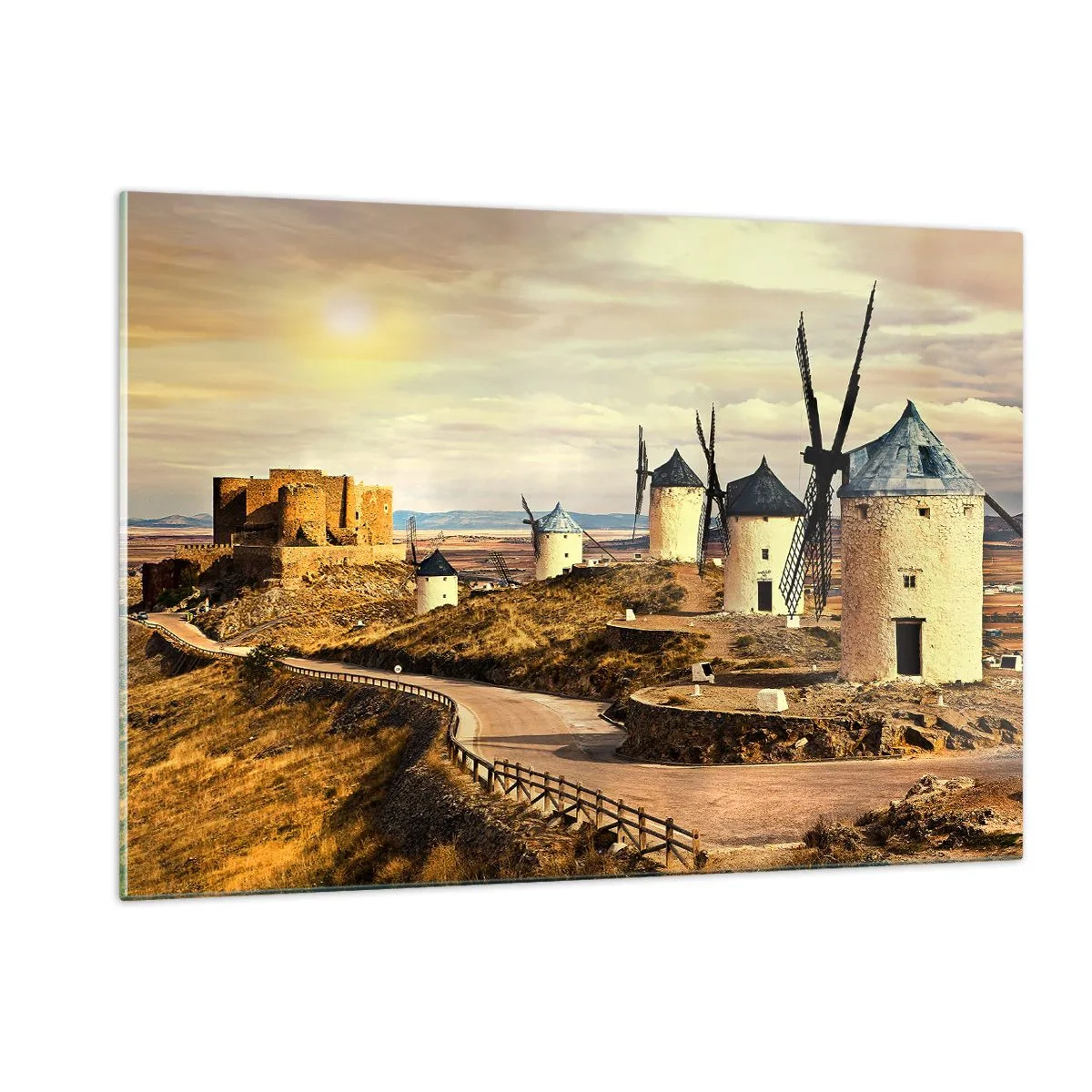Impression sur verre - Image sur verre - Moulins à vent et château dans le paysage au coucher du soleil - 120x80cm - Don Quichotte est sur le point d'arriver - Décoration murale moderne pour le salon et la chambre ARTTOR