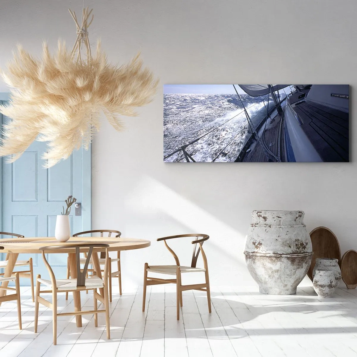 Impression sur toile - Image sur toile - Un voilier dans une mer agitée avec des voiles blanches et un pont en bois. - 160x50cm - Je sais ce que c'est d'être un oiseau - Décoration murale moderne pour le salon et la chambre ARTTOR