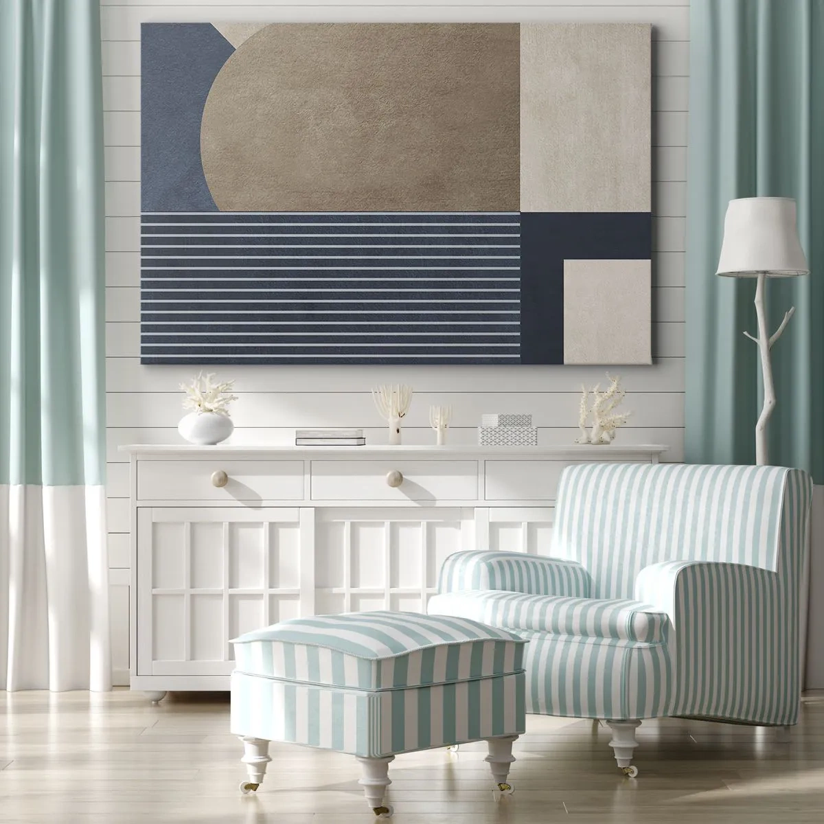 Impression sur toile - Image sur toile - Figures géométriques dans les tons beige et bleu marine avec des lignes - 120x80cm - Composition simple et en rondeur - Décoration murale moderne pour le salon et la chambre ARTTOR