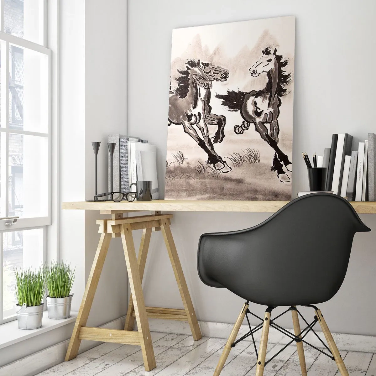 Impression sur verre - Image sur verre - Un groupe de chevaux au galop à la chinoise - 50x70cm - Dans un joyeux galop - Décoration murale moderne pour le salon et la chambre ARTTOR