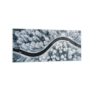 Impression sur verre - Image sur verre - Vue aérienne d'une route sinueuse dans une forêt hivernale - 120x50cm - À travers une forêt d'hiver - Décoration murale moderne pour le salon et la chambre ARTTOR