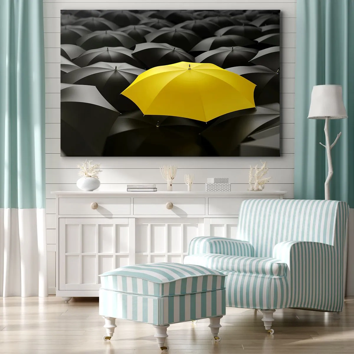 Impression sur toile - Image sur toile - Un parapluie jaune parmi des parapluies noirs - 120x80cm - Adieu chagrin - Décoration murale moderne pour le salon et la chambre ARTTOR