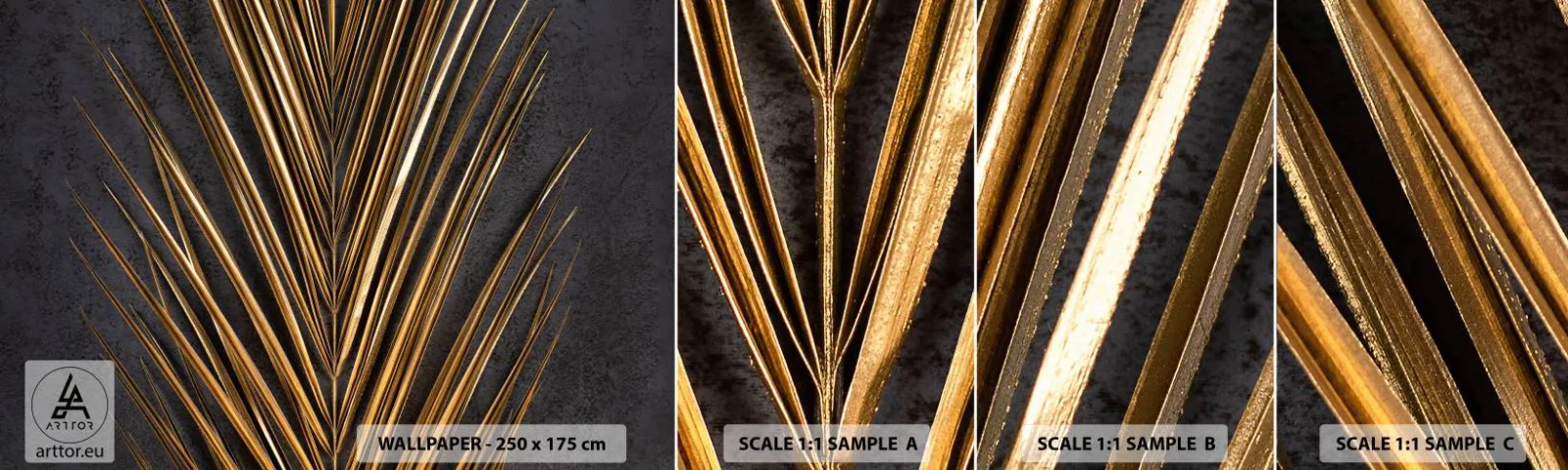 Échantillon de Papier Peint Autocollant Deluxe Sticker - L'or des tropiques - Feuille de palmier, Morceau, Abstraction - 100x30 cm