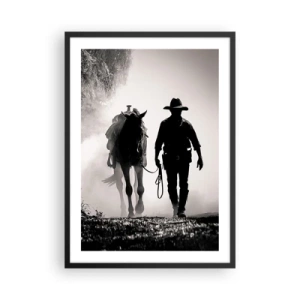 Affiche dans un cadre noir - Poster - Silhouette d'un cow-boy avec son cheval dans le brouillard matinal - 50x70cm - Matinée texane - Décoration murale moderne pour le salon et la chambre ARTTOR