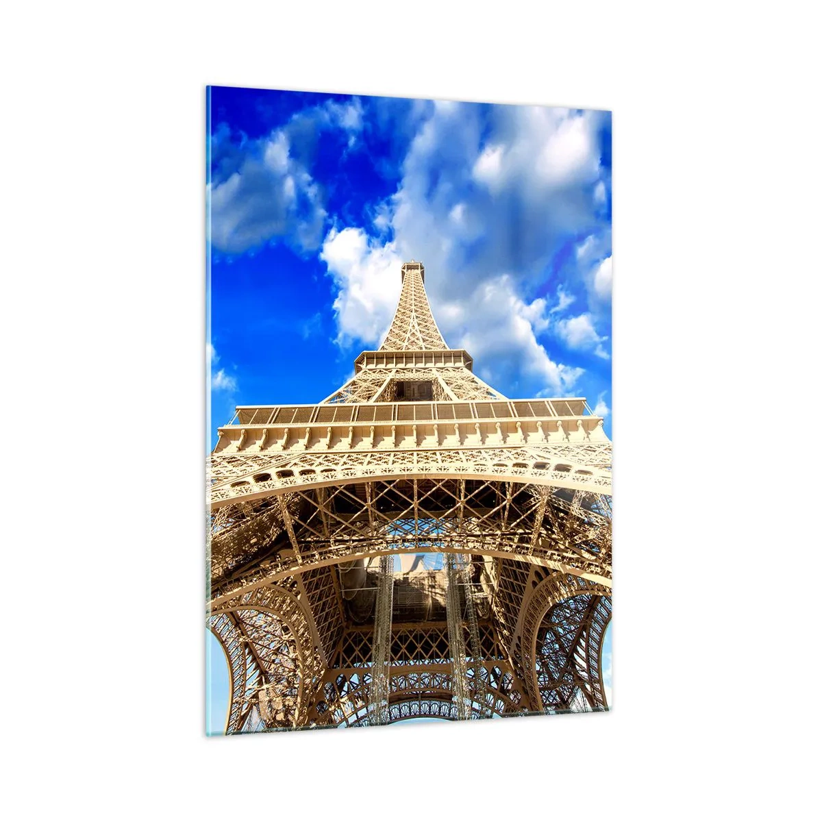 Impression sur verre - Image sur verre - La Tour Eiffel vue d'en haut contre le ciel - 50x70cm - Atteindre le ciel et les nuages - Décoration murale moderne pour le salon et la chambre ARTTOR