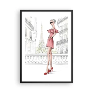 Affiche dans un cadre noir - Poster - Une femme élégante en robe rose avec la Tour Eiffel en arrière-plan - 50x70cm - Art de la mode - Décoration murale moderne pour le salon et la chambre ARTTOR