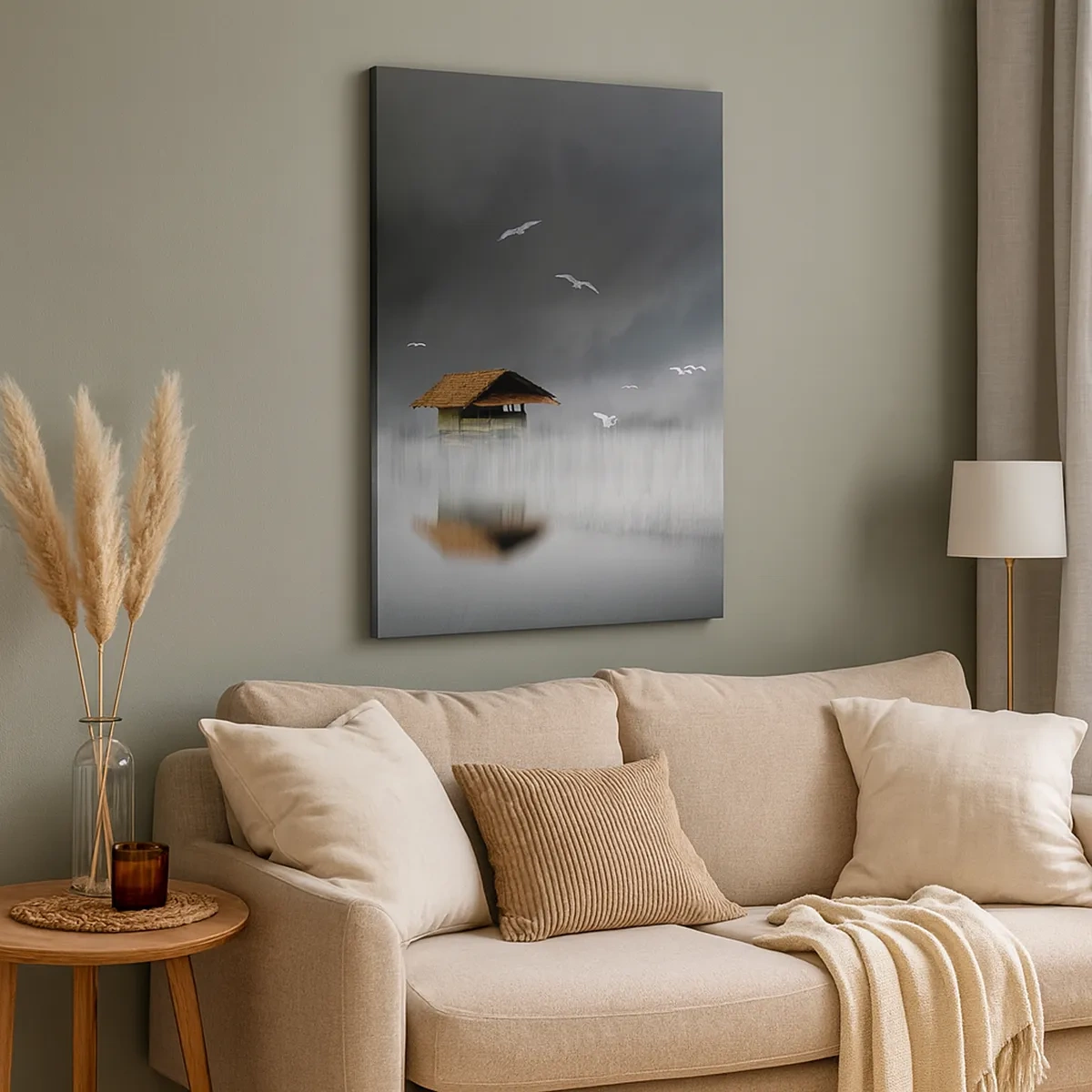 Impression sur toile - Image sur toile - Un chalet solitaire sur l'eau entouré de brouillard et d'oiseaux - 50x70cm - A l'abri de la pluie - Décoration murale moderne pour le salon et la chambre ARTTOR