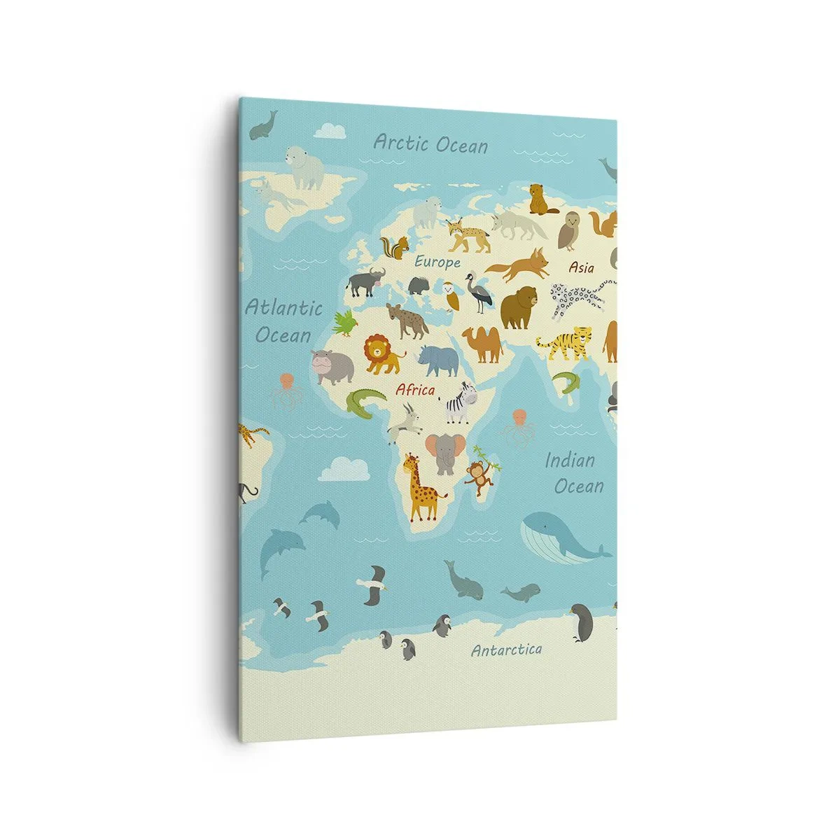 Impression sur toile - Image sur toile - Carte du monde avec des illustrations d'animaux - 80x120cm - De bons voisins - Décoration murale moderne pour le salon et la chambre ARTTOR