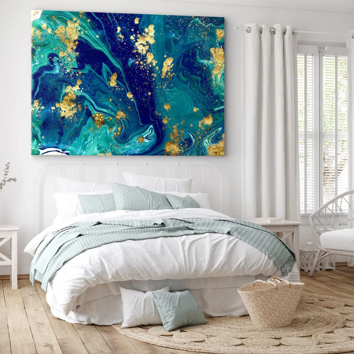 Impression sur toile - Image sur toile - Une composition abstraite avec des accents bleus, verts et dorés. - 70x50cm - Les pétales du soleil - Décoration murale moderne pour le salon et la chambre ARTTOR