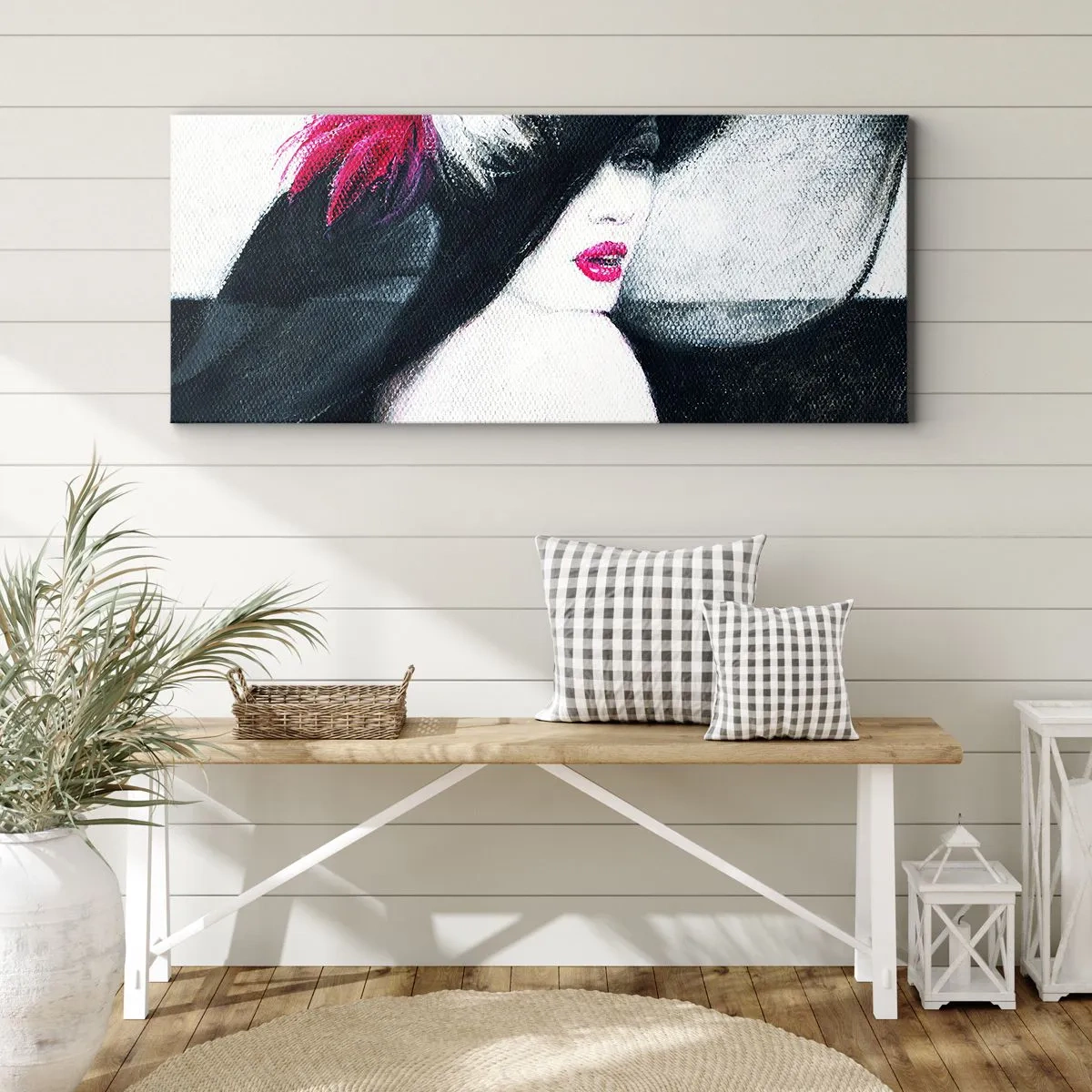 Impression sur toile - Image sur toile - Femme élégante avec un chapeau à plumes - 160x50cm - Toujours un secret - Décoration murale moderne pour le salon et la chambre ARTTOR