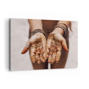 Impression sur toile - Image sur toile - Gros plan des mains avec des paillettes dans des tons chauds - 100x70cm - Un don pour vous - Décoration murale moderne pour le salon et la chambre ARTTOR